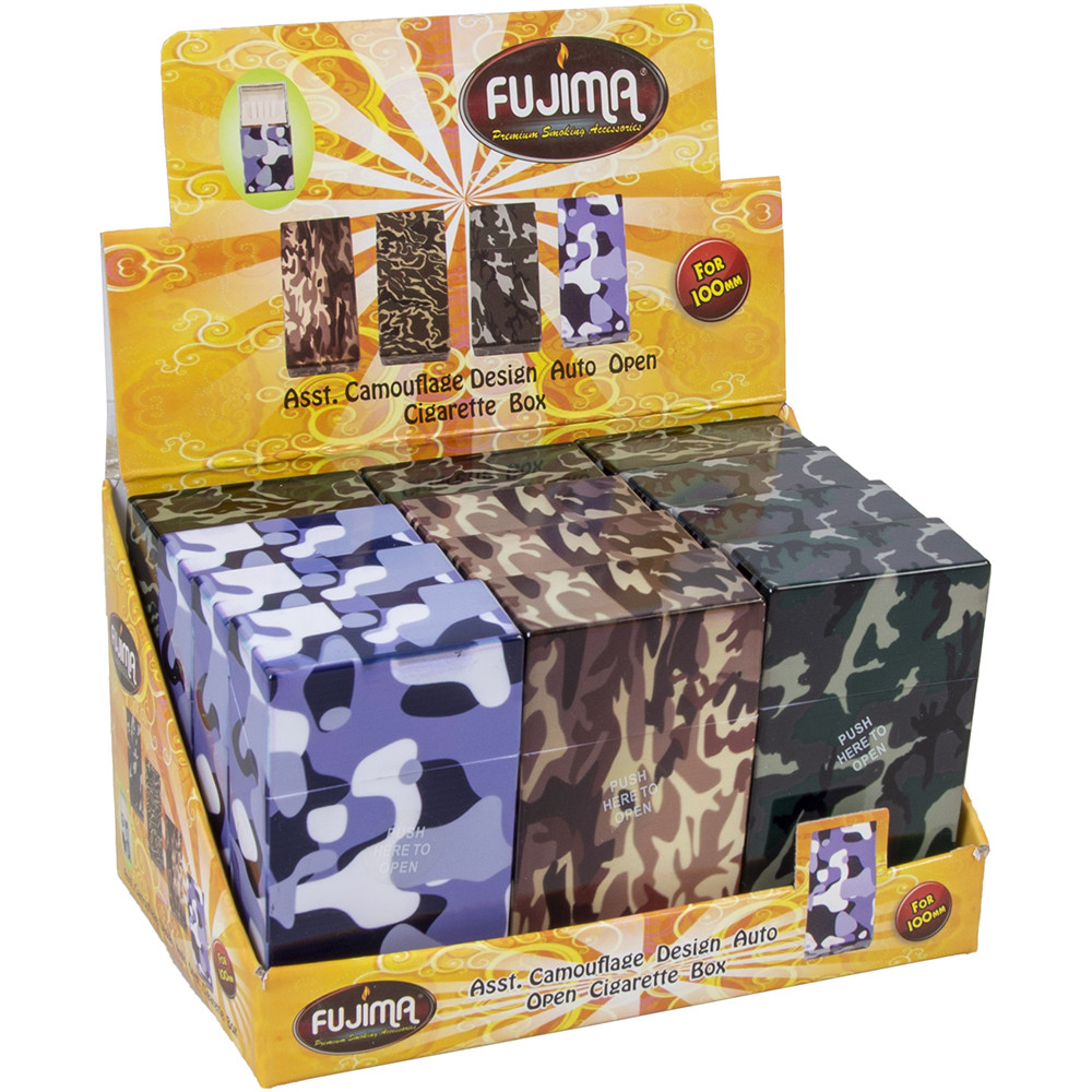FUJIMA 100MM CAMOUFLAGE DESIGN PLASTIC CIG CASE - DISPLAY OF 12