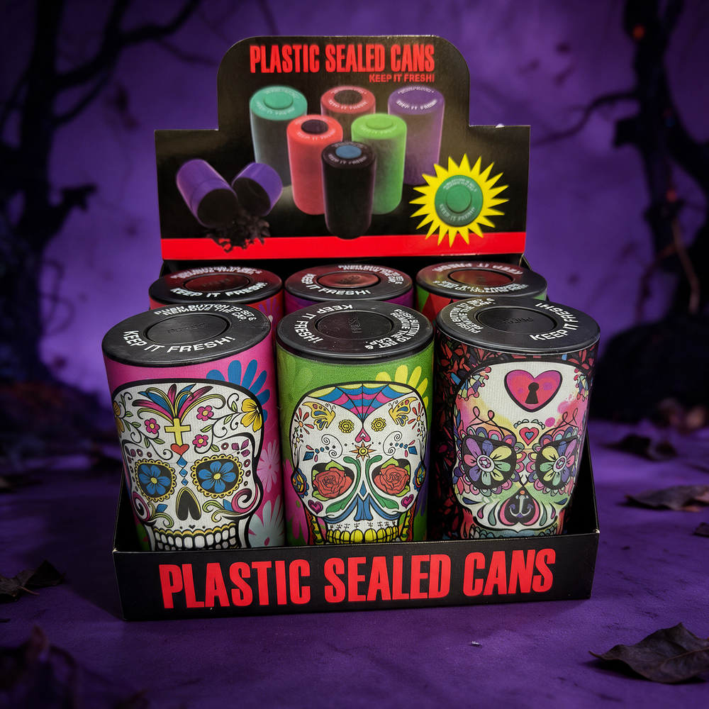 PLASTIC SEALED CANS PRINTED DESIGN - DISPLAY OF 6