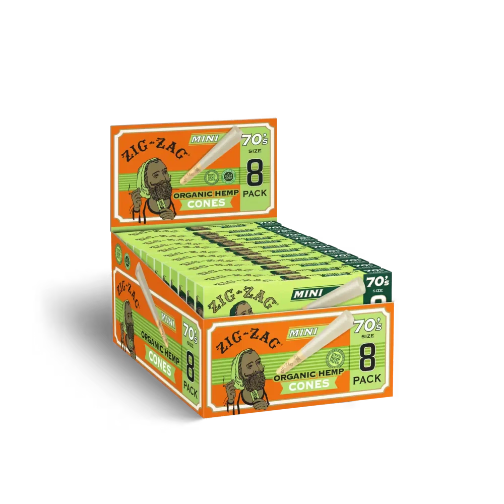 ZIG ZAG ORGANIC HEMP MINI 70'S SIZE CONES 8-PACK - DISPLAY OF 18