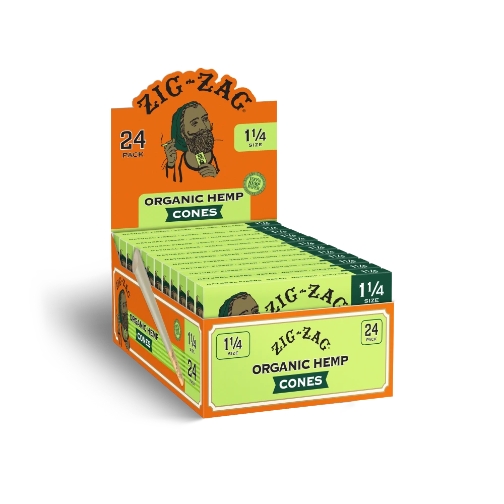 ZIG ZAG ORGANIC HEMP 1 1/4 SIZE CONES 24-PACK - DISPLAY OF 12