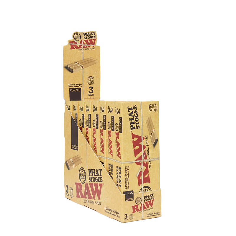 RAW CLASSIC SLOW BURNING PHAT STOGEE 120MM 3-PACK CONES - DISPLAY OF 8