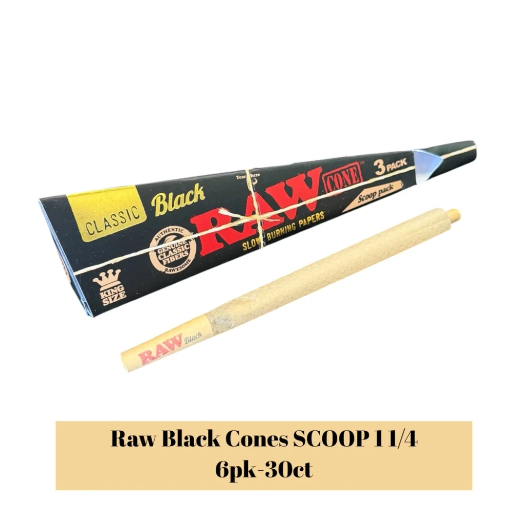RAW BLACK CLASSIC SCOOP PACK SLOW BURNING CONES 1 1/4 SIZE 6-PACK - DISPLAY OF 30