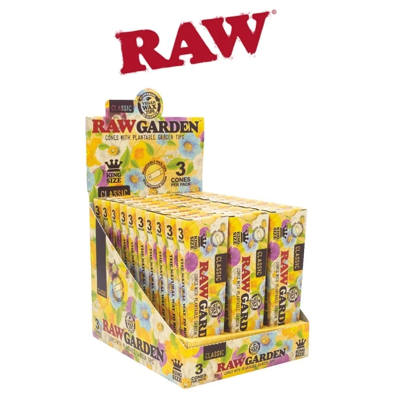 RAW GARDEN CLASSIC KING SIZE 3-PACK CONES WITH TIPS - DISPLAY OF 30