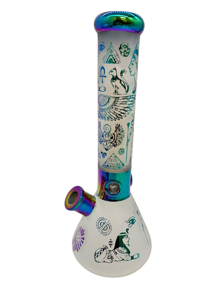 SANDED EGYPTIAN DESIGN ASSORTED COLOR GLASS BEAKER WATERPIPE 14"