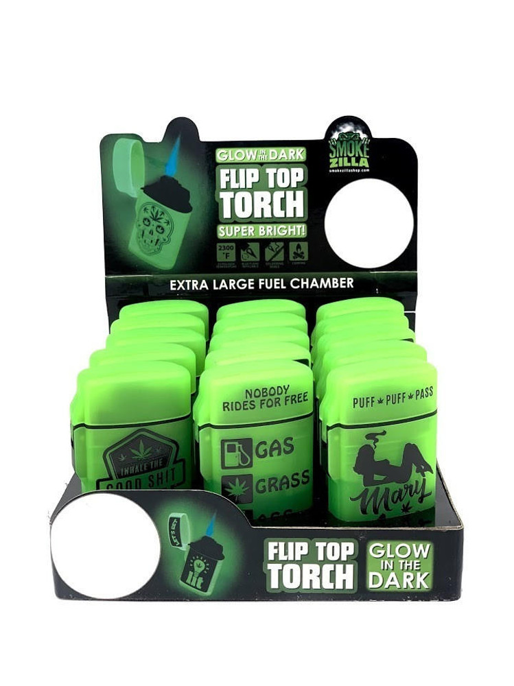  GLOW IN DARK FLIP TOP TORCH - SMOKE ZILLA - DISPLAY OF 15CT 