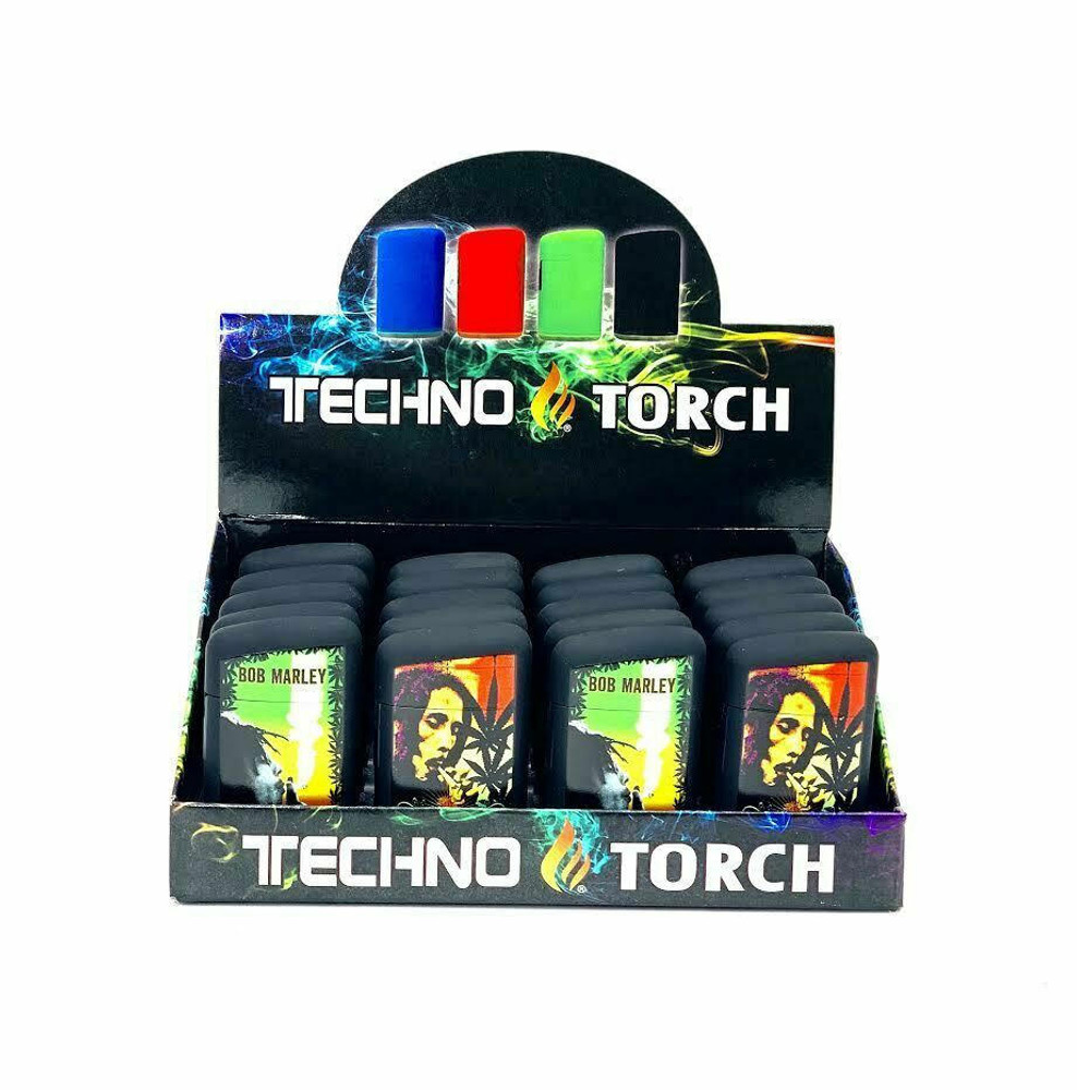  TECHNO TORCH BOB MARLEY FLIP TOP BUTANE LIGHTER TORCH DISPLAY - 20CT 