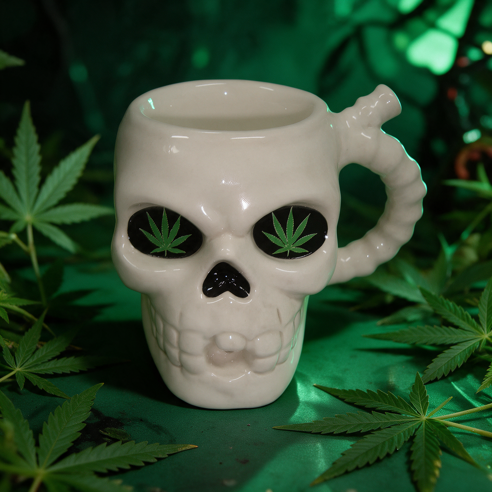 SKULL WITH LEAF EYES PORCELAIN PIPE MUG 5" (WP132)