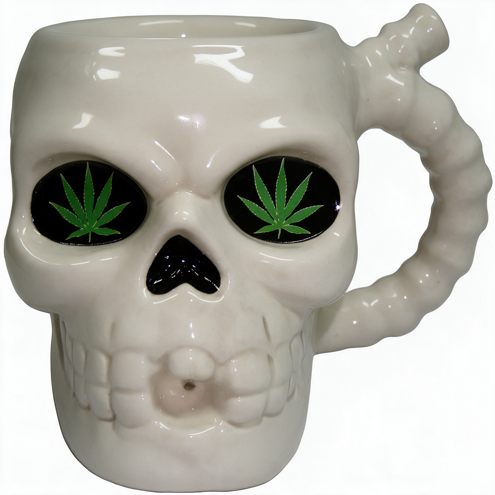 SKULL WITH LEAF EYES PORCELAIN PIPE MUG 5" (WP132)