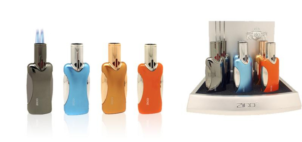  ZICO DOUBLE FLAME TORCH LIGHTER ASSORTED COLOR - 6CT/DISPLAY 