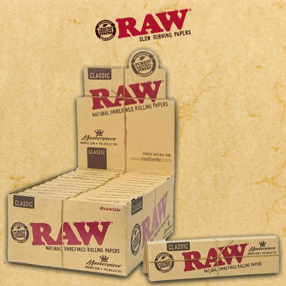 RAW MASTERPIECE CLASSIC KING SIZE SLIM PAPERS WITH PRE-ROLLED TIPS - 24CT