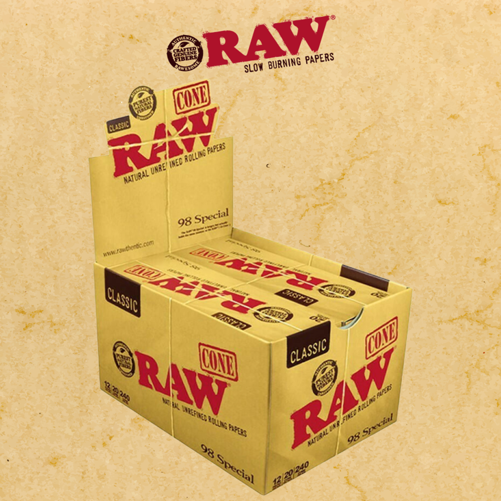 RAW CLASSIC NATURAL UNREFINED PRE-ROLLED CONES 98 SPECIAL SIZE - 12CT