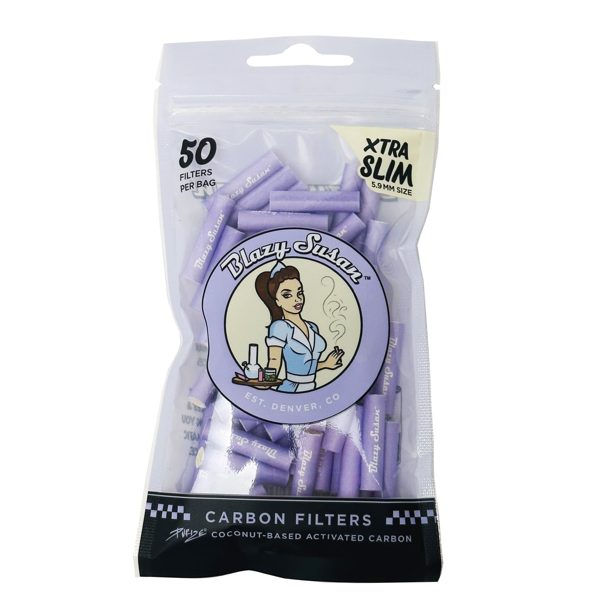 cigarette with purple filter BLAZY SUSAN PURPLE XTRA SLIM ACTIVATED CARBON FILTER TIPS