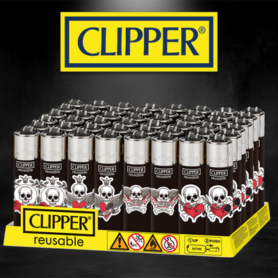 HEART SKULLS TATTOO CLIPPER LIGHTERS - 48CT