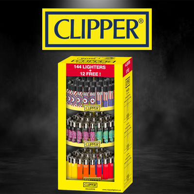 CLIPPER CAROUSEL MIX - FLAG, SKULLS, SOLIDS LIGHTER DISPLAY - 144CT + 12 FREE