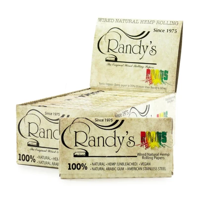  RANDY'S ROOTS 77MM NATURAL HEMP WIRED ROLLING PAPERS DISPLAY - 25CT 