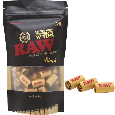 RAW BLACK EXTRA WIDE PRE ROLLED TIPS - PACK OF 50