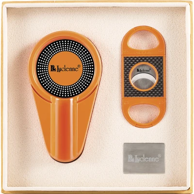 LUCIENNE ORANGE METALLIC CIGAR CUTTER & ASHTRAY SET