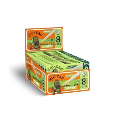 ZIG ZAG ORGANIC HEMP MINI 70'S SIZE CONES 8-PACK - DISPLAY OF 18