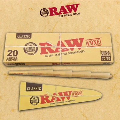 RAW CONES CLASSIC 20-PACK SINGLE SIZE 70/30 - DISPLAY OF 12CT