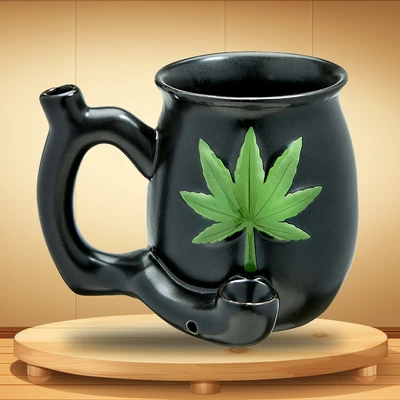 BLACK MATT WITH EMBOSSED GREEN LEAF MUG CERAMIC HANDPIPE - 1CT