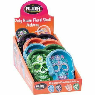  FUJIMA POLY RESIN FLORAL SKULL ASHTRAY - 8CT 