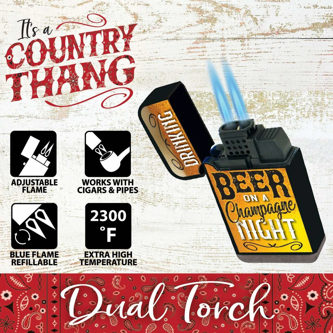 COUNTRY DUAL FLAME TORCH LIGHTER - ASSORTED DESIGN 1CT