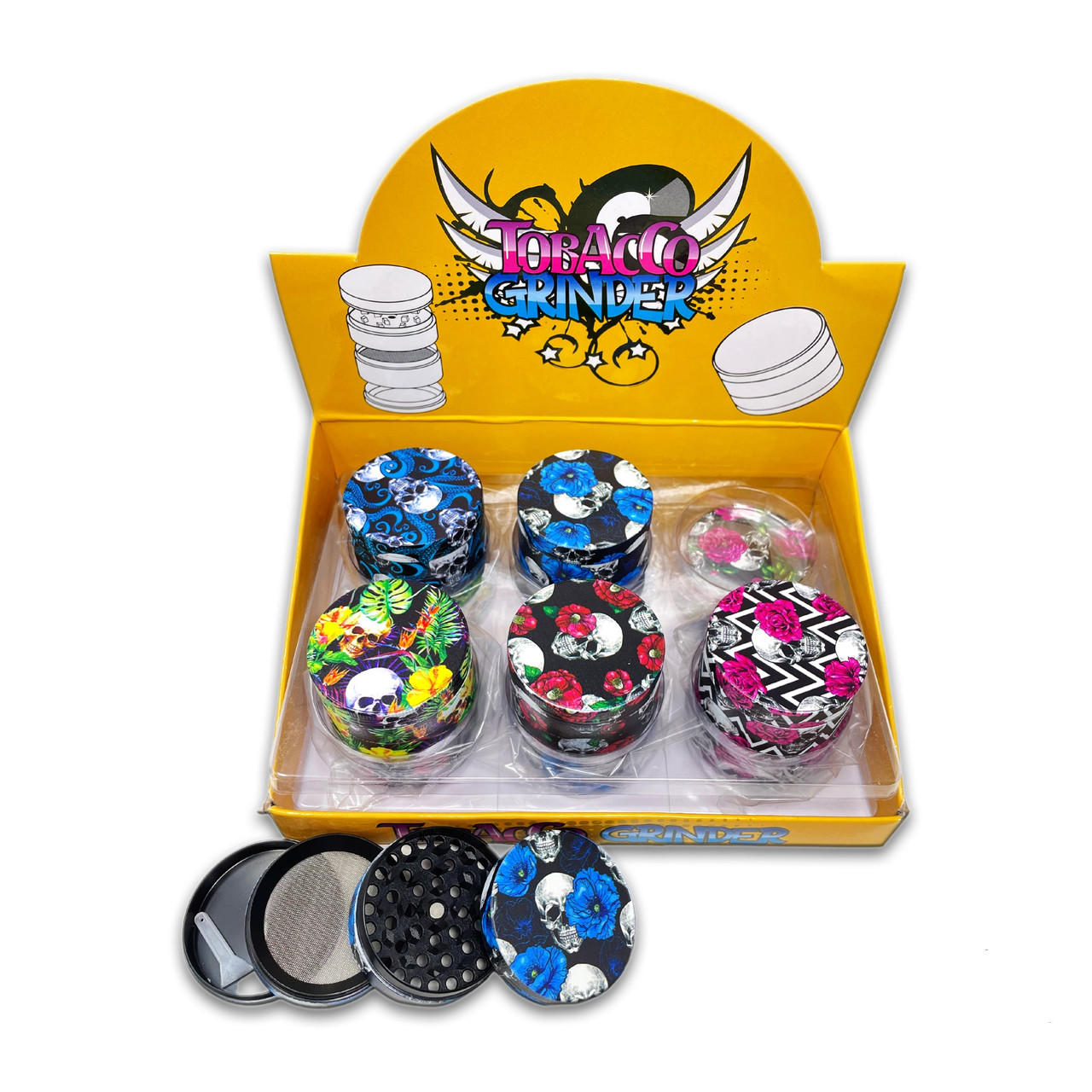 SKULL and ROSE PRINTED ALL OVER 4 PART TOBACCO GRINDER - 12CT DISPLAY