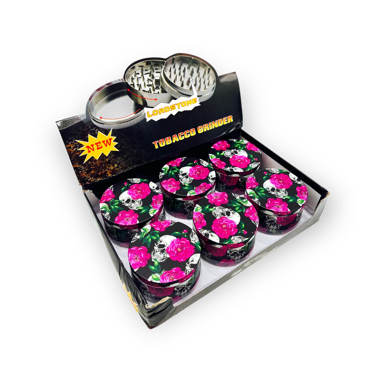 FLORAL SKULL WHOLE BODY PRINTED 4 PART TOBACCO GRINDER - 6CT DISPLAY