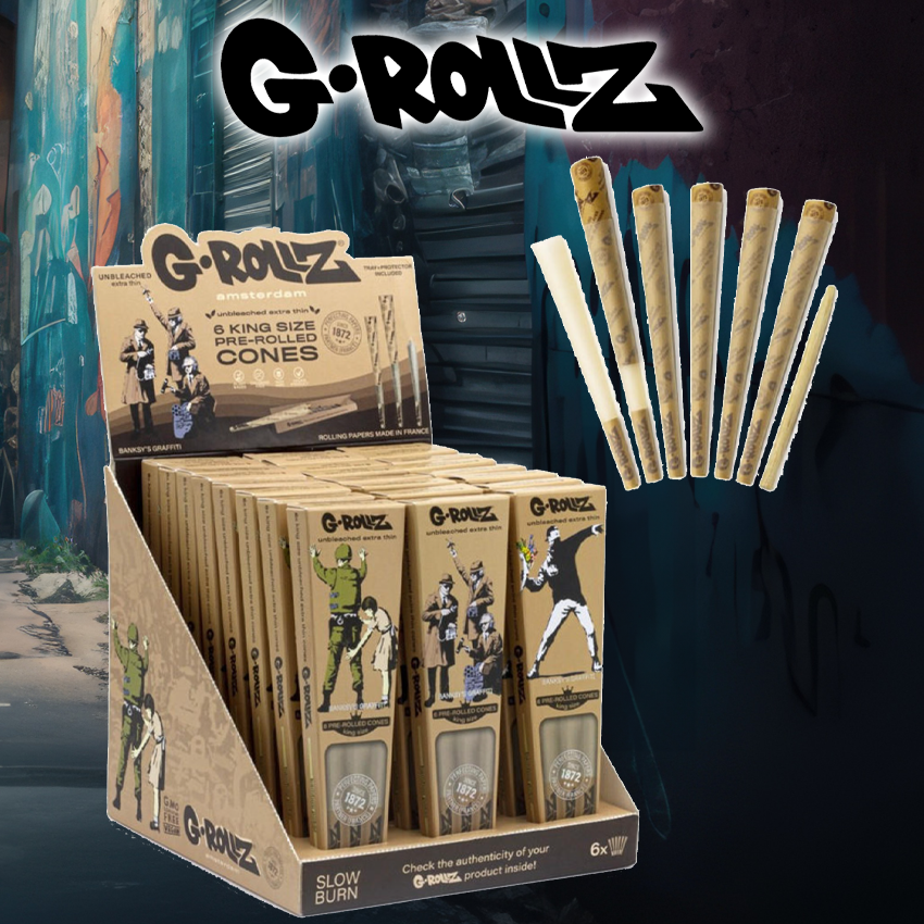 G-ROLLZ - BANKSY'S GRAFFITI - BAMBOO UNBLEACHED KING SIZE CONES 6PK - 24CT DISPLAY