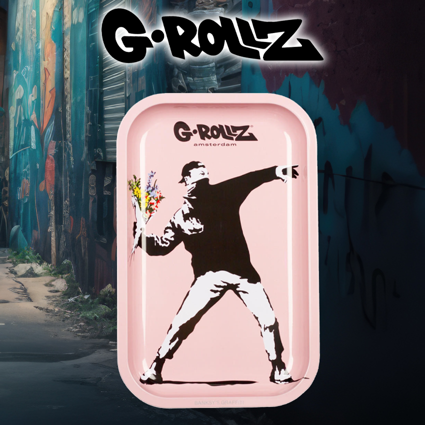 G-ROLLZ - BANKSY'S FLOWER THROWER PINK MEDIUM TIN TRAY 17.5 X 27.5 CM