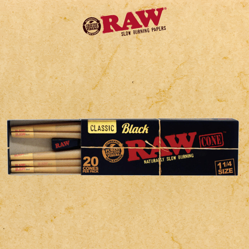 RAW CLASSIC BLACK 1 1/4 SIZE PREROLLED CONES 20-PACK - 12CT DISPLAY