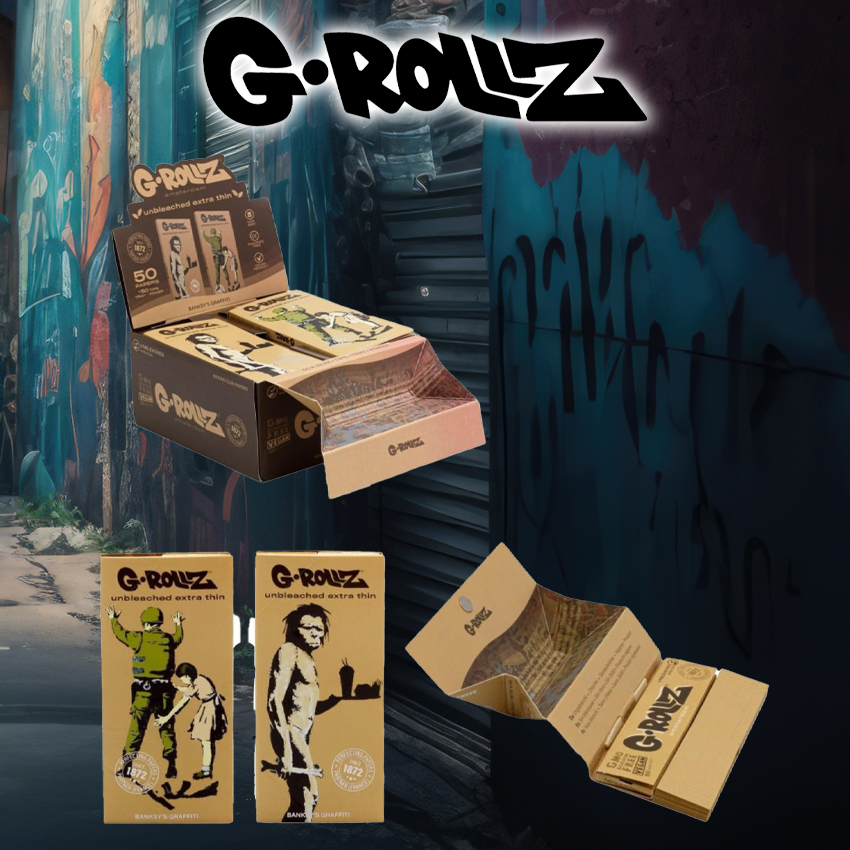 G-ROLLZ - BANKSY'S GRAFFITI KING SIZE UNBLEACHED EXTRA THIN - 50 KING PAPERS + TIPS & TRAY