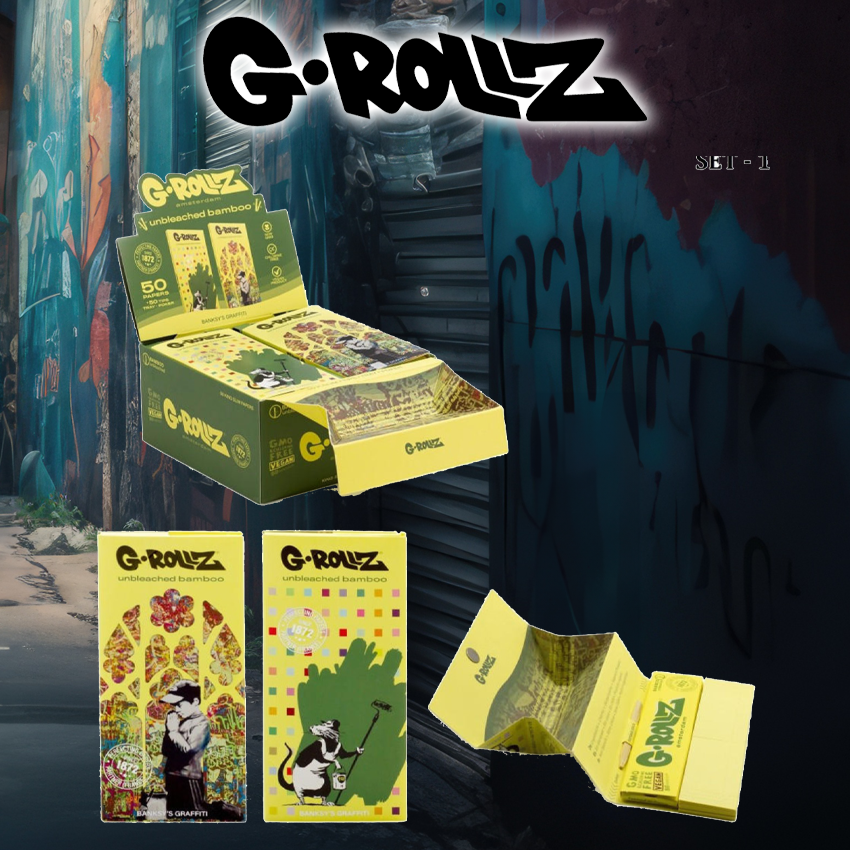 G-ROLLZ | BANKSY'S GRAFFITI KING SIZE - BAMBOO UNBLEACHED 50 PAPERS + TIPS & TRAY - 16CT DISPLAY