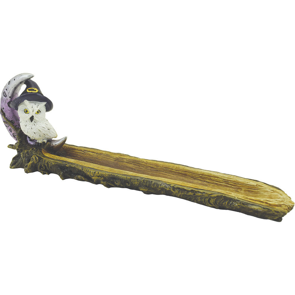  FUJIMA SNOWY TREE OWL MOON POLYSTONE INCENSE BURNER 11.5" 