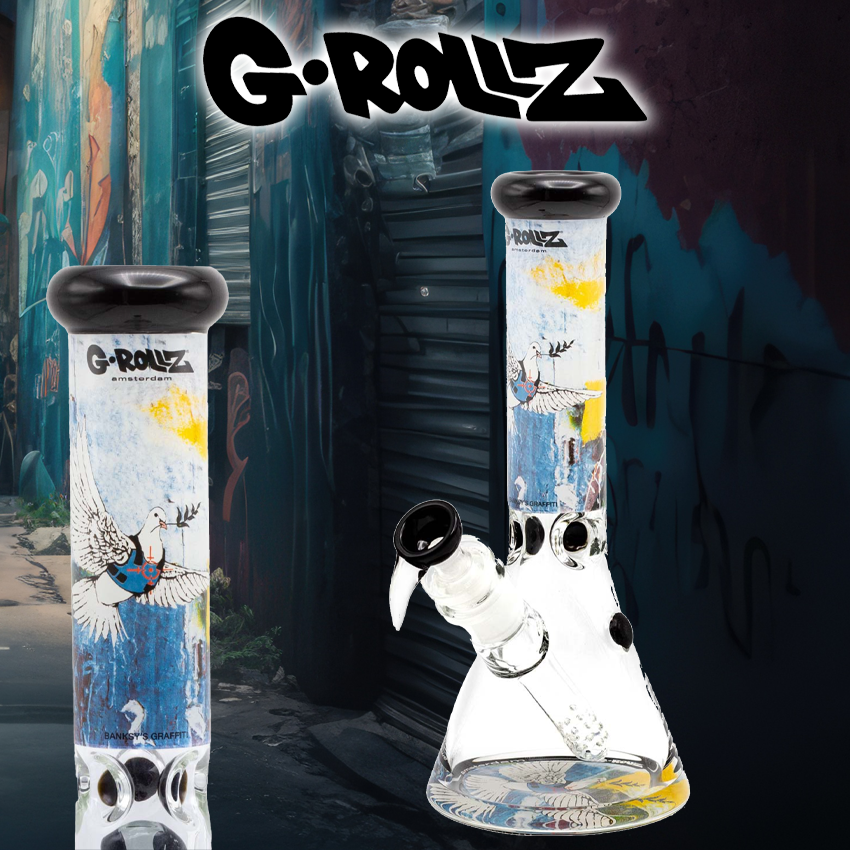 G-ROLLZ BANKSY'S GRAFFITI ARMOURED DOVE PERCOLATOR BEAKER BONG 13.5"