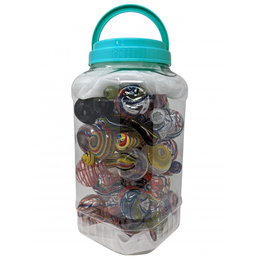  ASSORTED LINE SWIRL BUBBLER HAND PIPE - JAR OF 22CT 