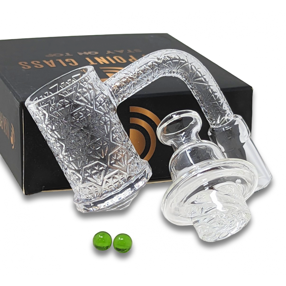 10MM MALE DIAMOND BOTTOM QUARTZ BANGER WITH FULL DEEP CARVING PATTERN WITH 2 TERP PEARLS & 1 GLASS CARB CAP