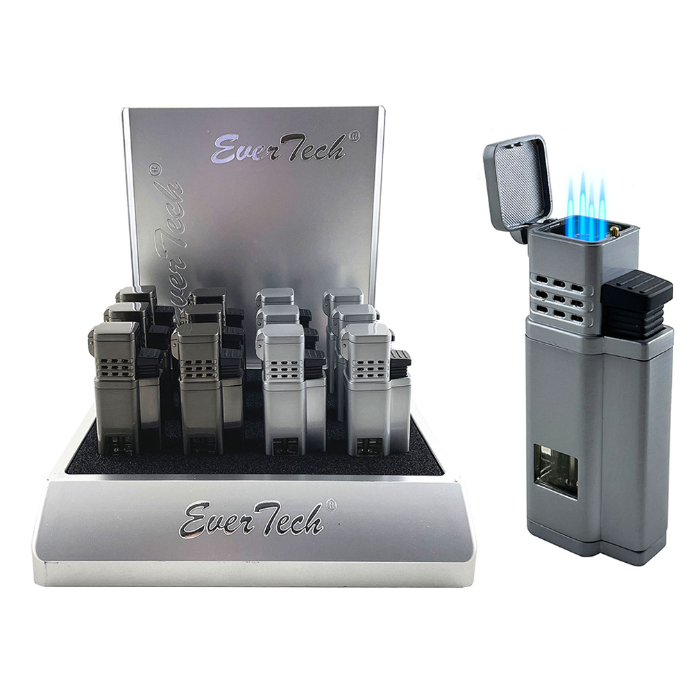EVERTECH QUAD METAL TORCH WITH CIGAR PUNCHER & RED FLAME - 12CT