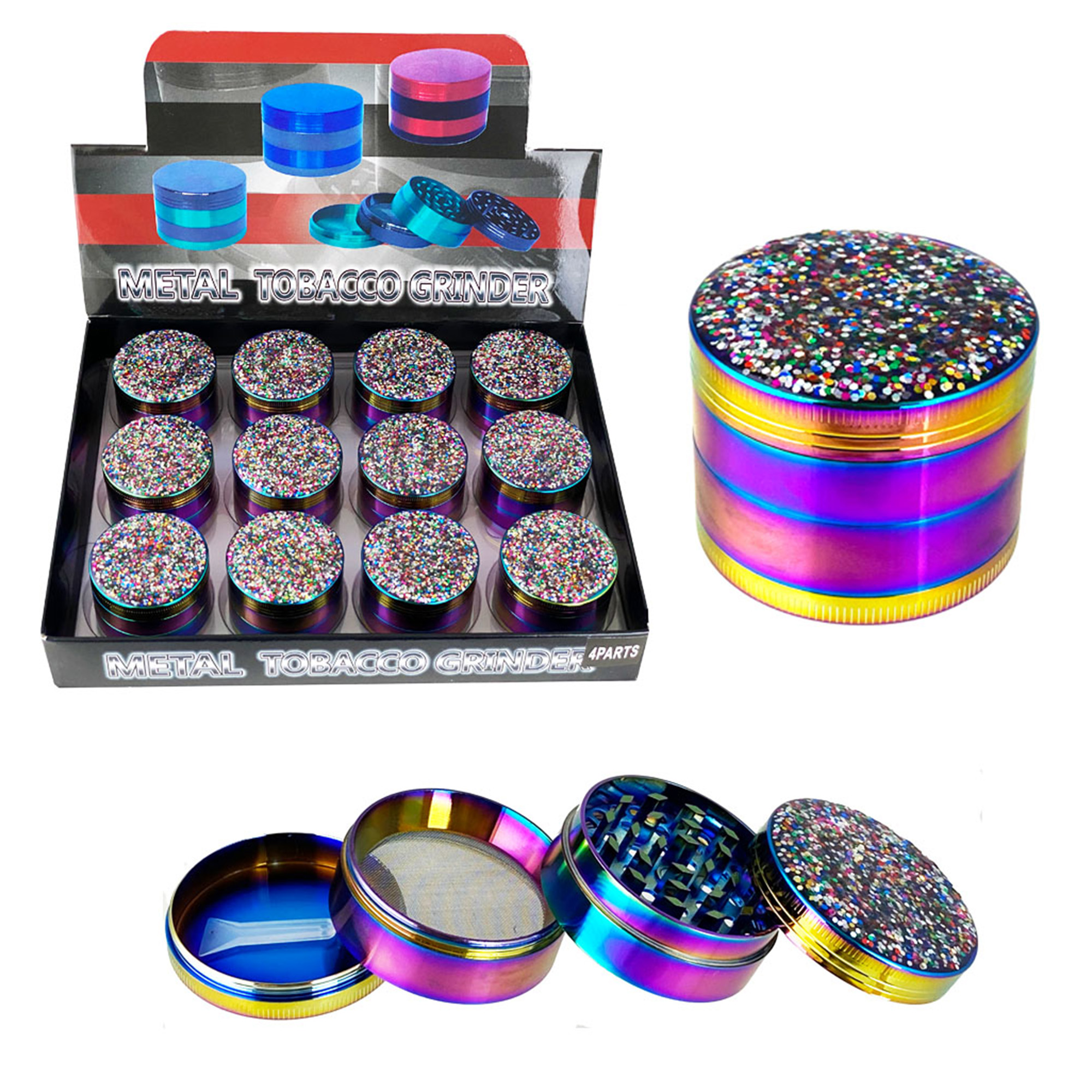 4 PART METAL RAINBOW GRINDER WITH GLITTER 50MM - 12CT