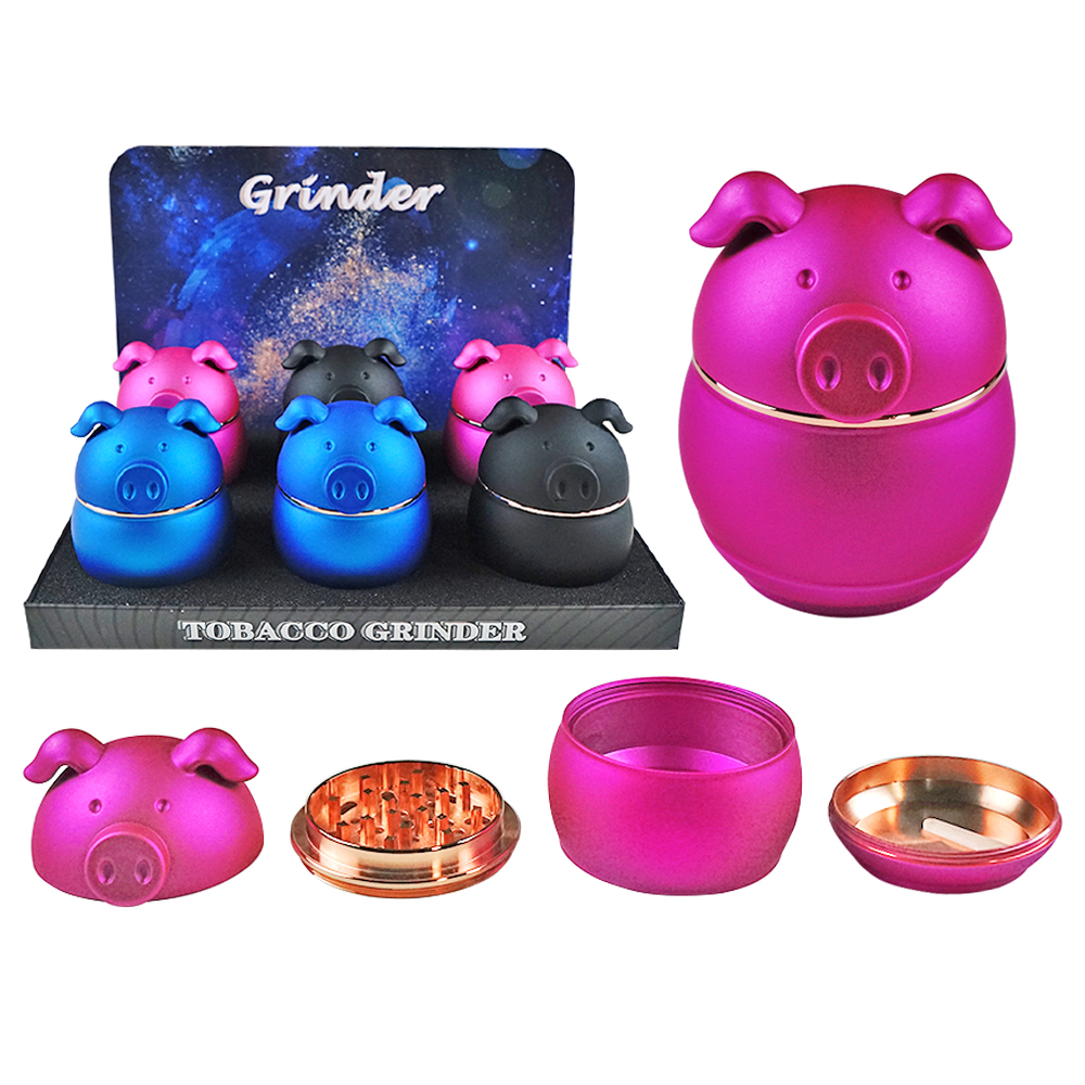 4 PART PIG SHAPED GRINDER WITH RUBBER FINISH ASSORTED COLOR - 6CT