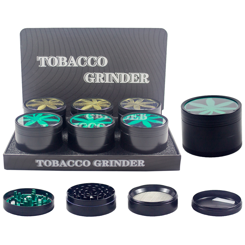 4 PART 63MM ZINC ALLOY GRINDER CLEAR TOP WITH LEAF DESIGN - 6CT