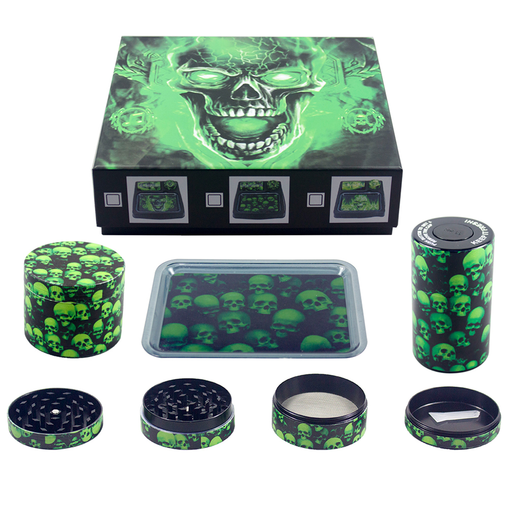 SKULL GLOW IN THE DARK TRAY SET WITH ROLLING TRAY, STORAGE CONTAINER AND GRINDER (TRAYSET-GL03)