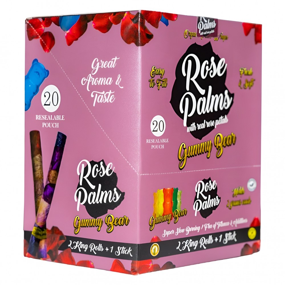 ROSE PALMS ORGANIC WRAPS W/ ROSE PETALS - 2 KING ROLLS + 1 STICK - 20CT DISPLAY