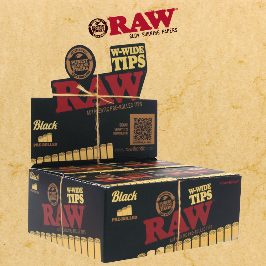 RAW BLACK 18-PK WIDE PREROLLED TIPS - 20CT DISPLAY