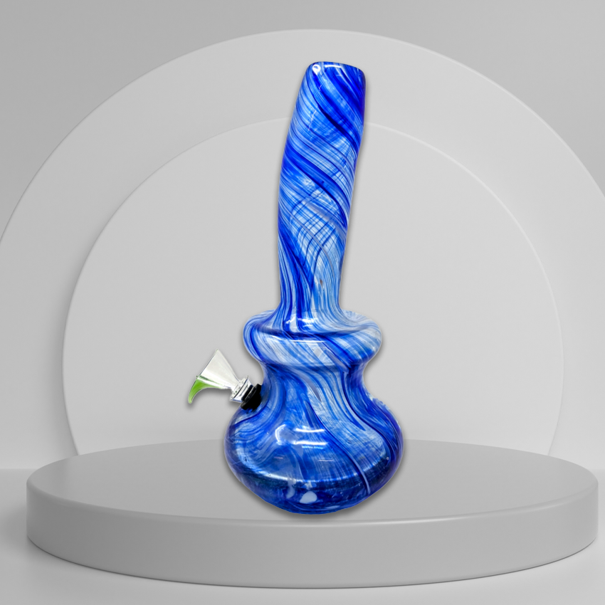 ROUND BASE 1 BULB BENT NECK SOFT GLASS WATER PIPE - GLASS ON RUBBER 12"