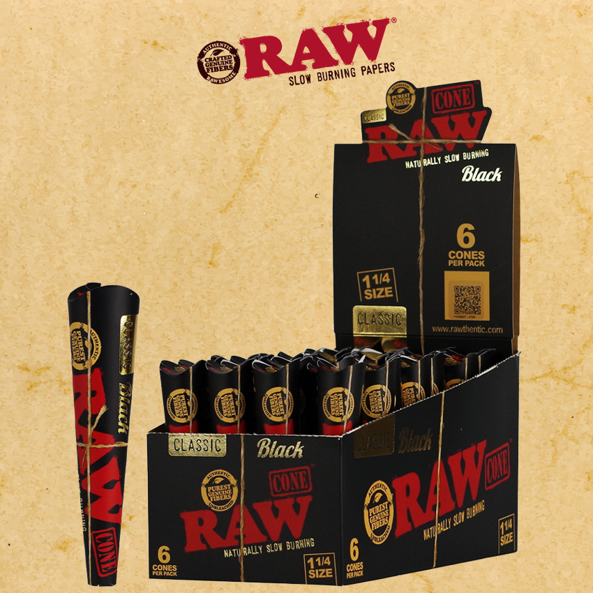 RAW BLACK PRE ROLL CONES 1 1/4 6PK - 32CT DISPLAY
