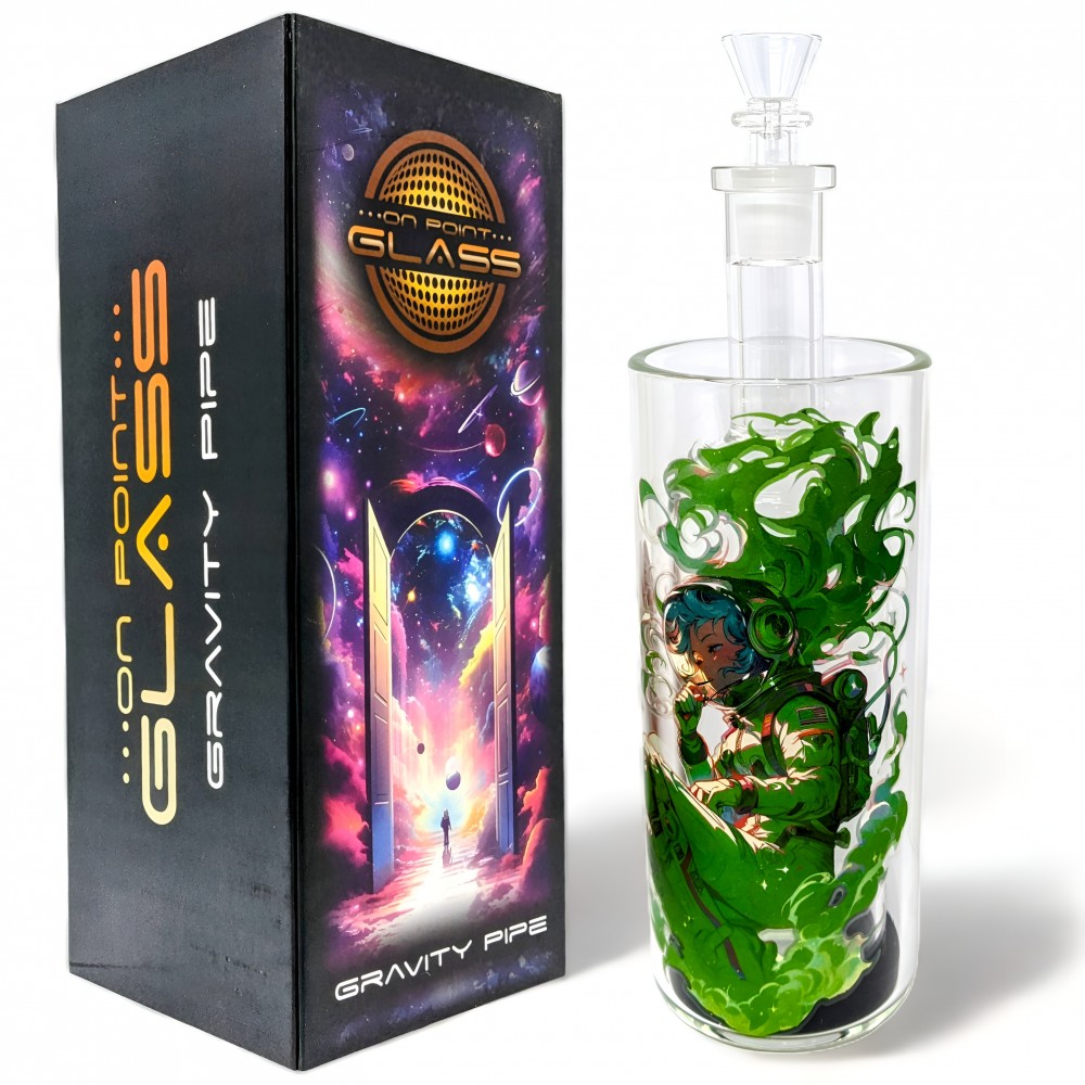 ON POINT GLASS - 8" BURNING CANOPY - A MAN ABLAZE W/ GREEN FLAMES GRAVITY WATER PIPE