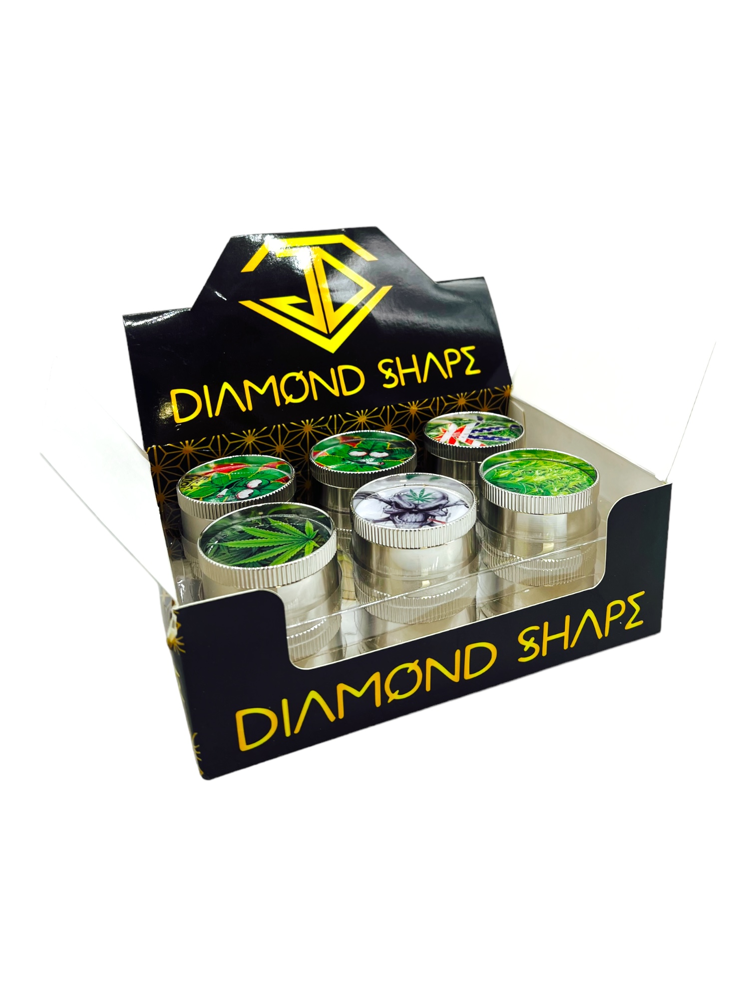 DIAMOND SHAPE 3-PART GRINDER LEAF DESIGN - 12CT DISPLAY