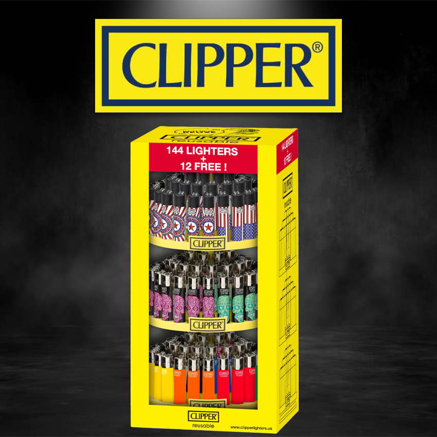 CLIPPER CAROUSEL MIX - FLAG, SKULLS, SOLIDS LIGHTER DISPLAY - 144CT + 12 FREE