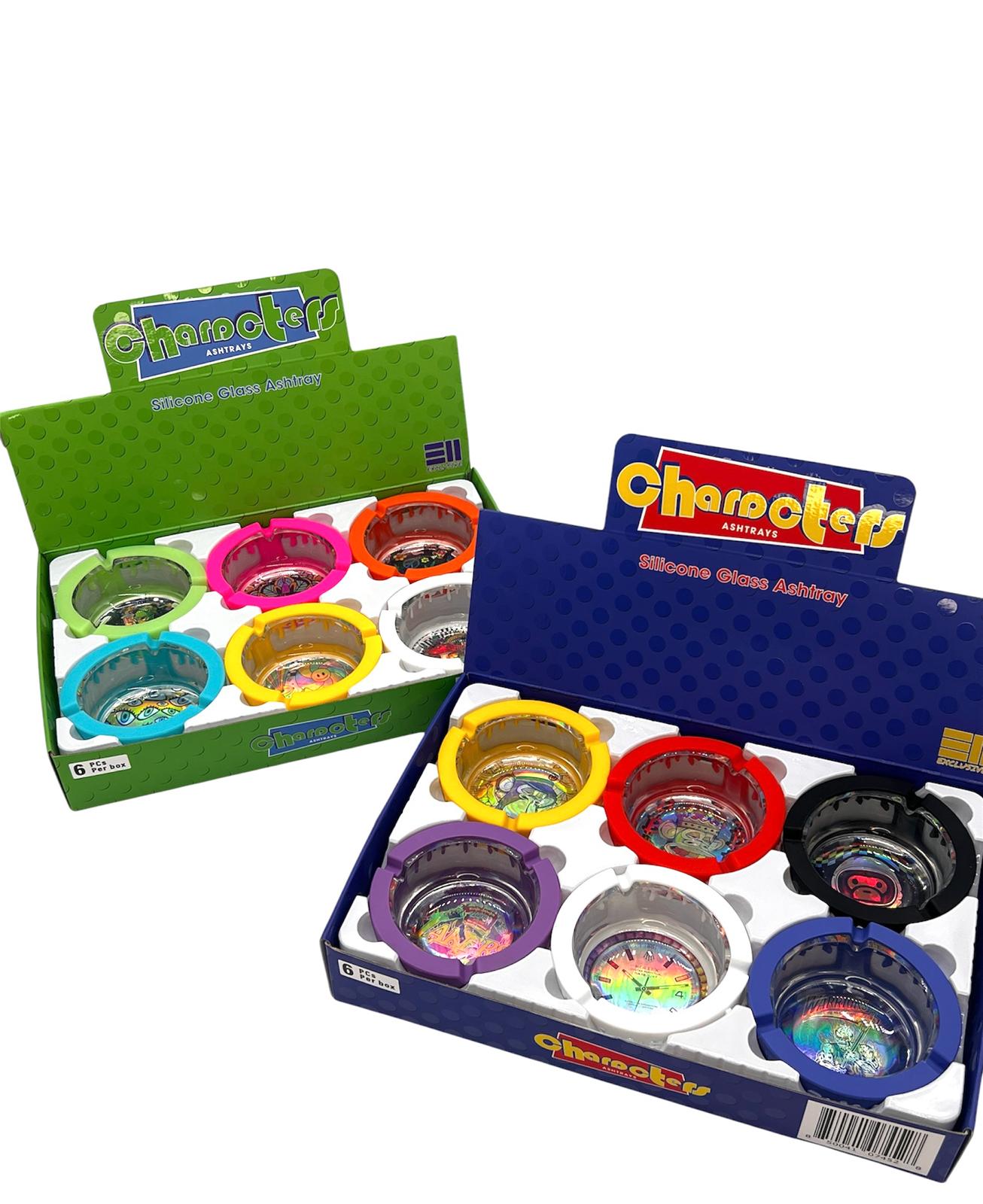 CHARACTERS ASSORTED DESIGN GLASS/SILICONE ASHTRAY DISPLAY - 6CT